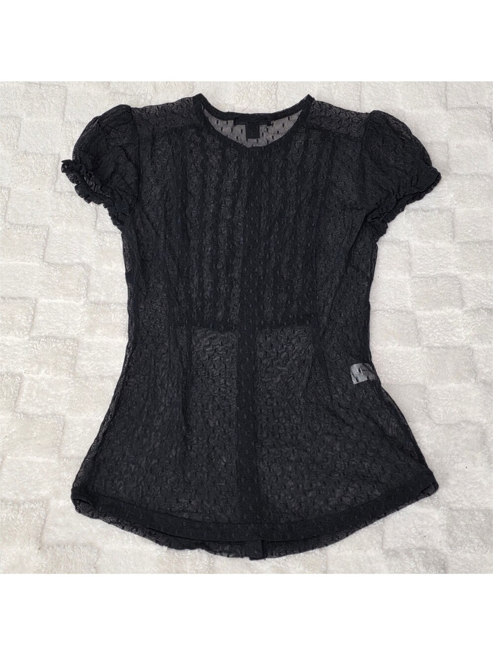 Express Sheer Polka Dot + Ruffles Short Sleeve Button Down Black Size Small - Picture 3 of 3